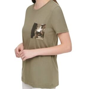 DKNY Olive Short Sleeve Top with Sequin Pocket